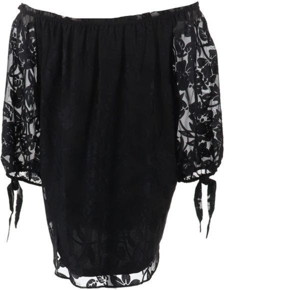 Colleen Lopez MED Black Semi Sheer Burnout Convertible Neck Blouson Top Ties NWT - Picture 1 of 9